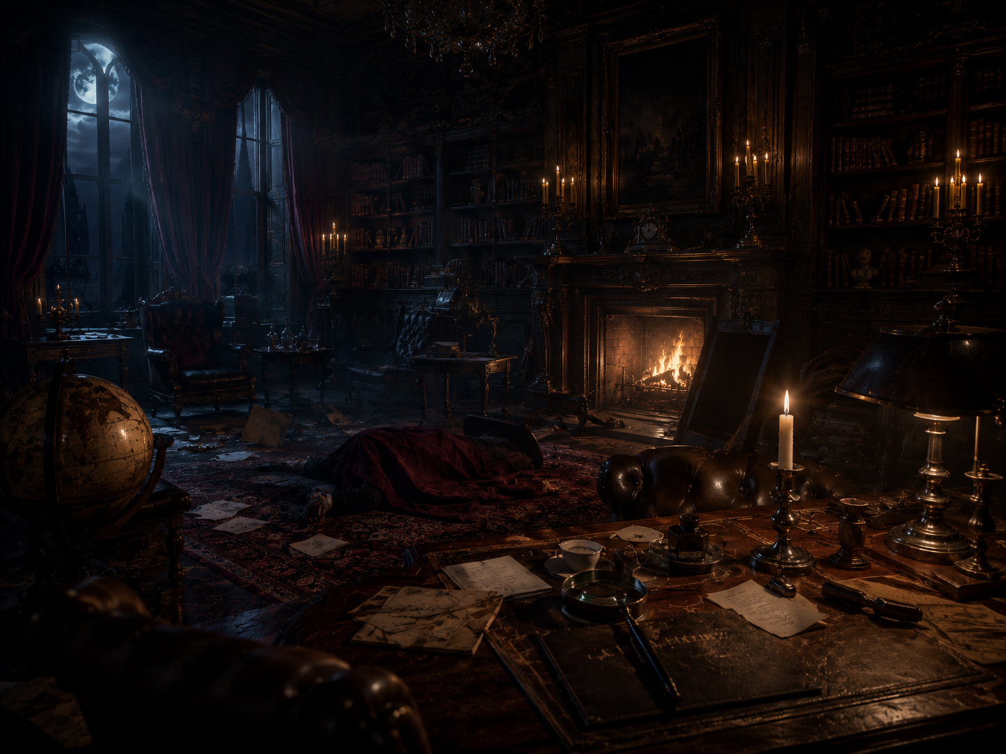 Stylized manor murder scene